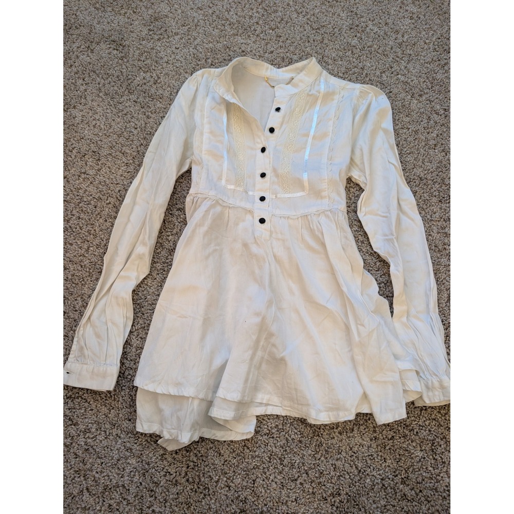 Forever 21 White Cotton Lace Trim Victorian Tunic Blouse Black Buttons Size M